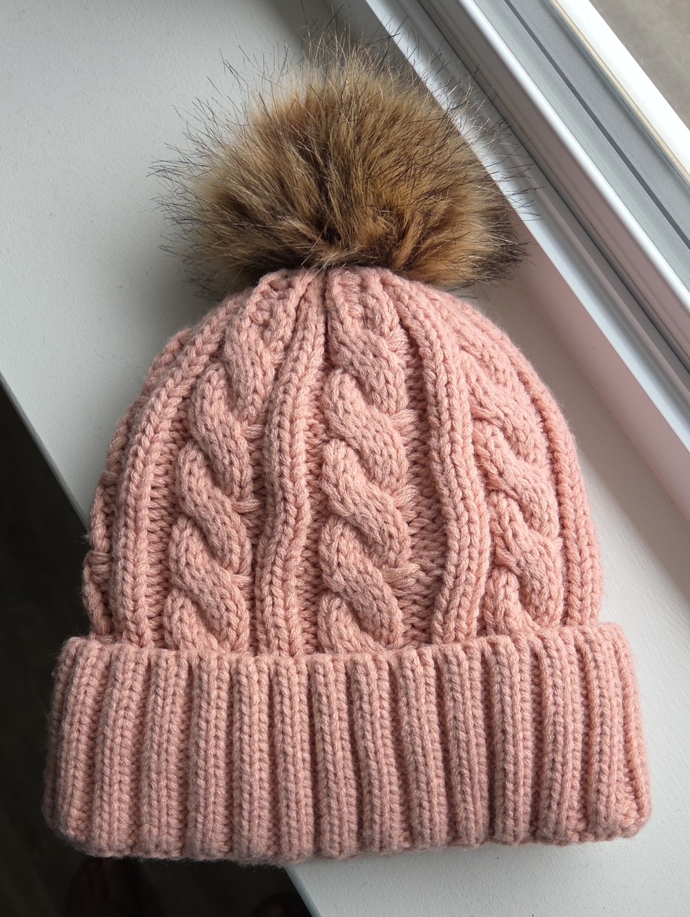 Lined Cable Knit Blush Pink Beanie with Faux Fur Pom